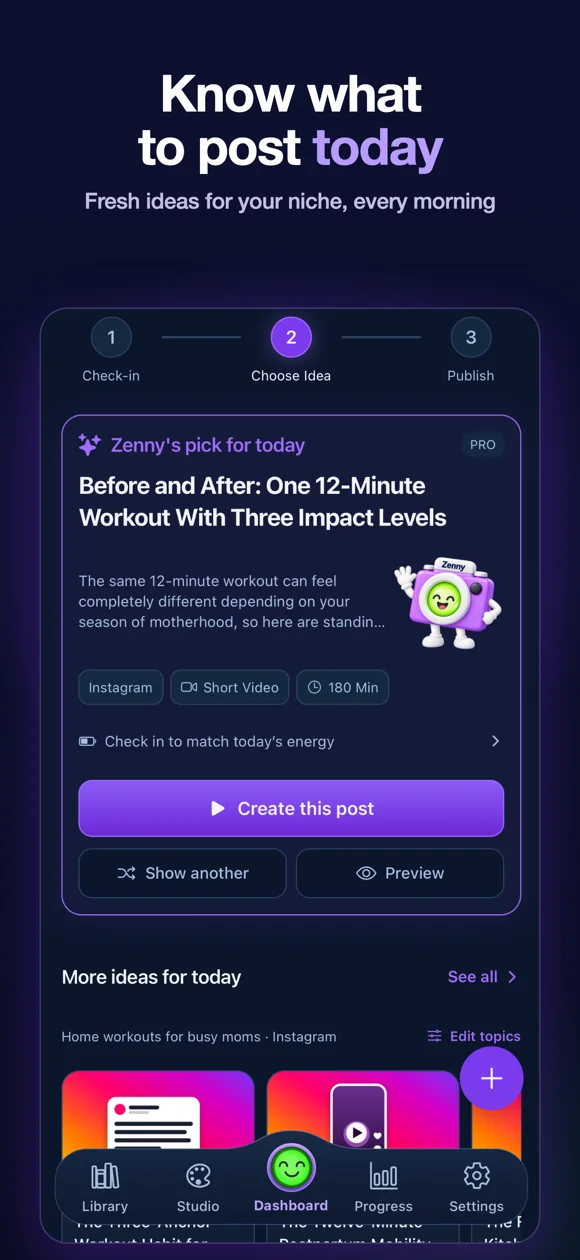 CreatorZen screen: today's personalised content pick